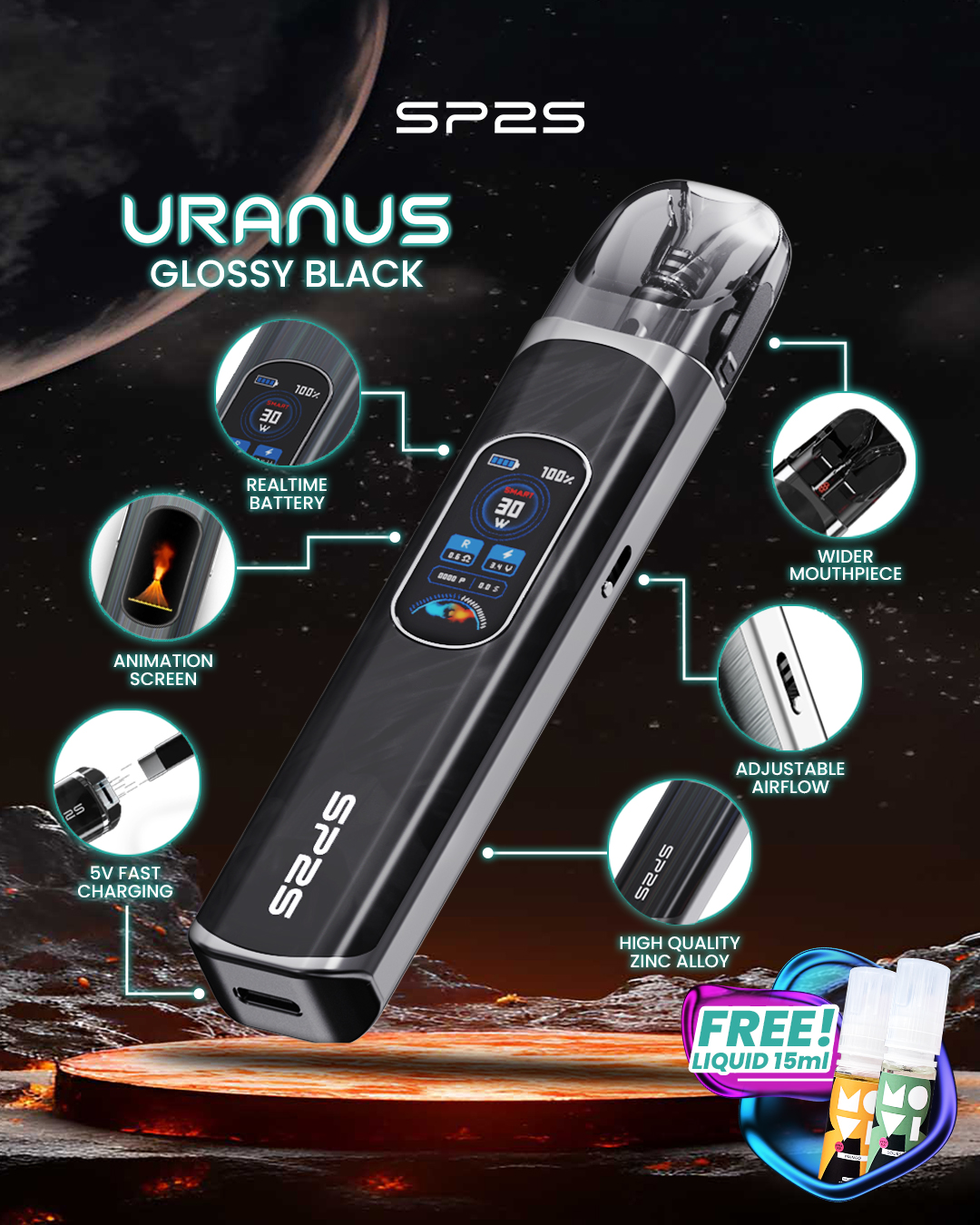 SP2S URANUS POD KIT 30W 1000mAh - Glossy Black-image